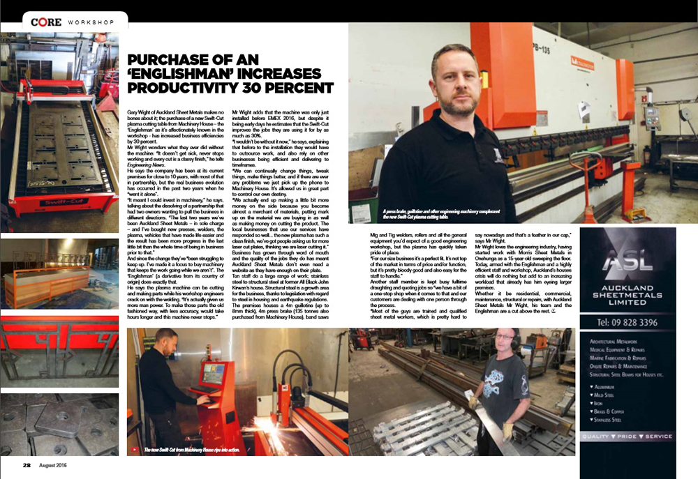 Auckland Sheet Metals Ltd: articolo sulla rivista dedicato alla macchina per il taglio al plasma CNC Swift-Cut Pro