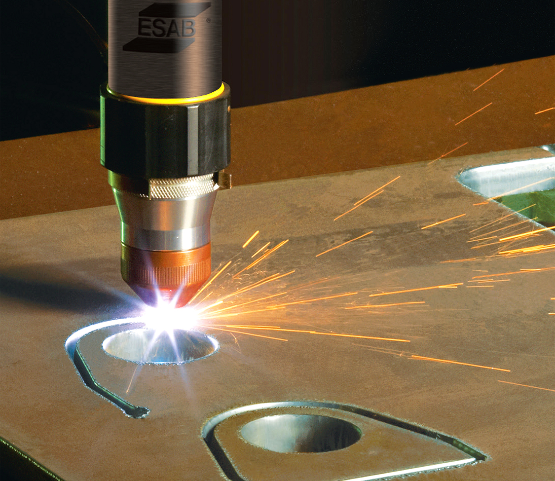 Swift-Cut XP CNC laser cutting table with ESAB torch close up with sparks
