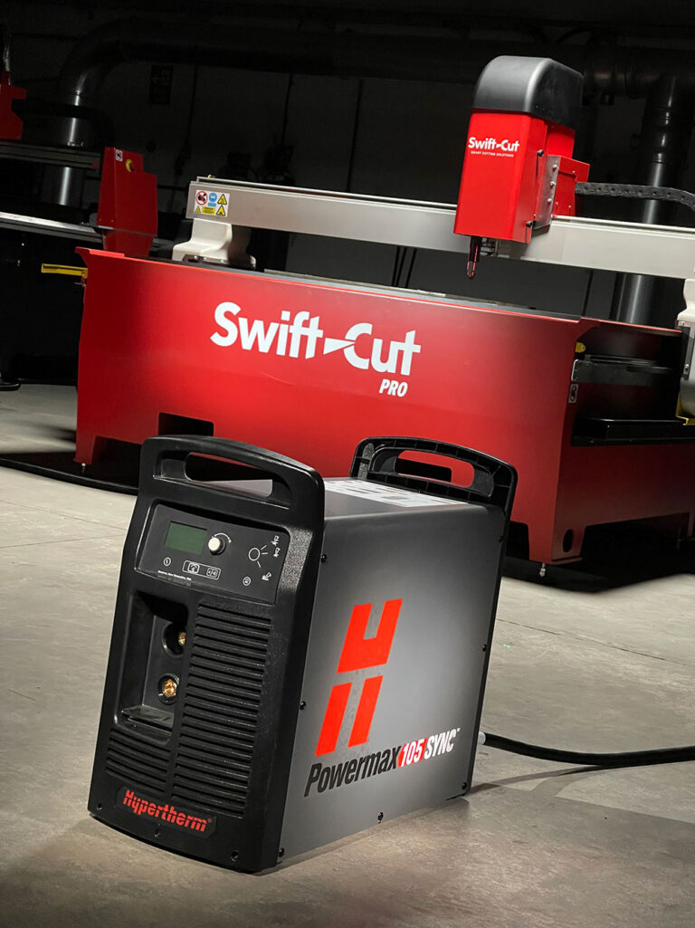 Hypertherm Powermax Sync 105 with Swift-Cut Pro CNC plasma metal cutting table in the background
