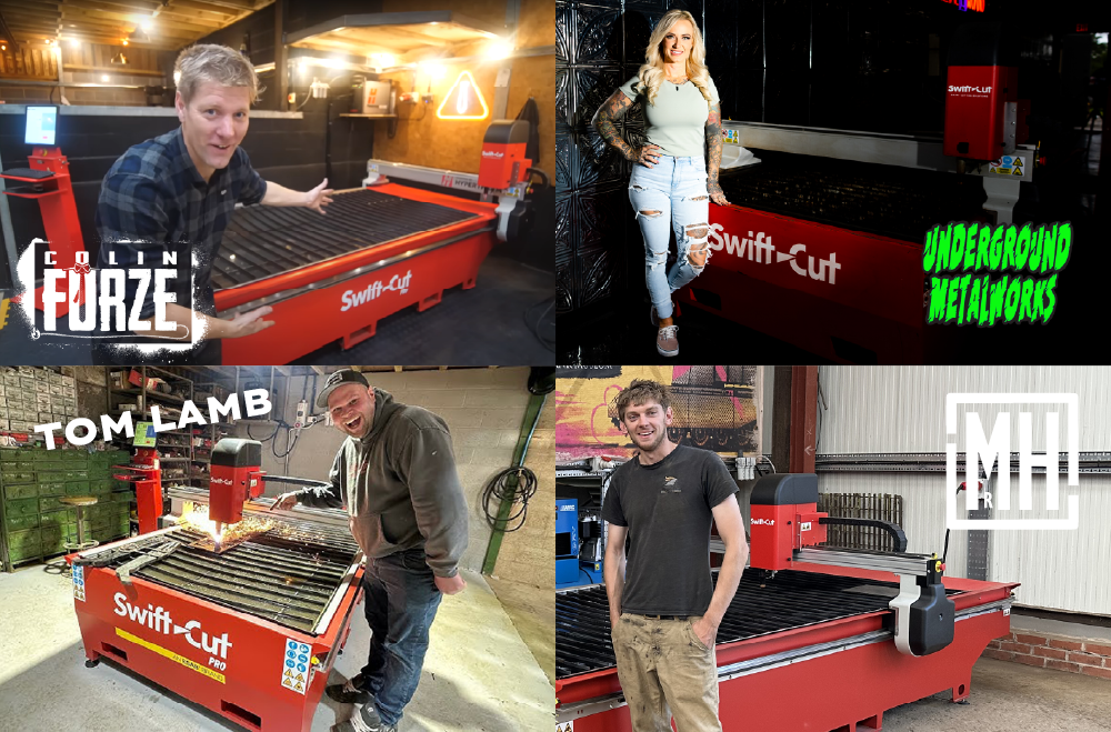 Een fotomontage van Swift-Cut met influencers, waaronder Colin Furze, Tom Lamb, Tank Man en Underground Metal Works