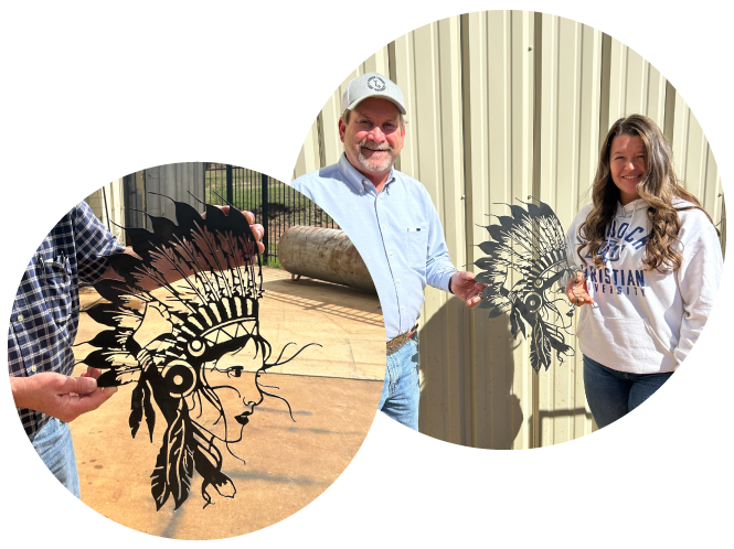 Llano Senior High School student with her detailed Indian design cut out of metal using a Swift-Cut Pro CNC plasma table